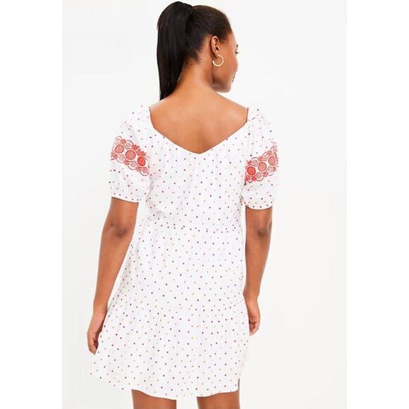 LOFT Embroidered Dot Swing Dress L White Pink V Neck Beach Travel Resort Cruise - Picture 2 of 8